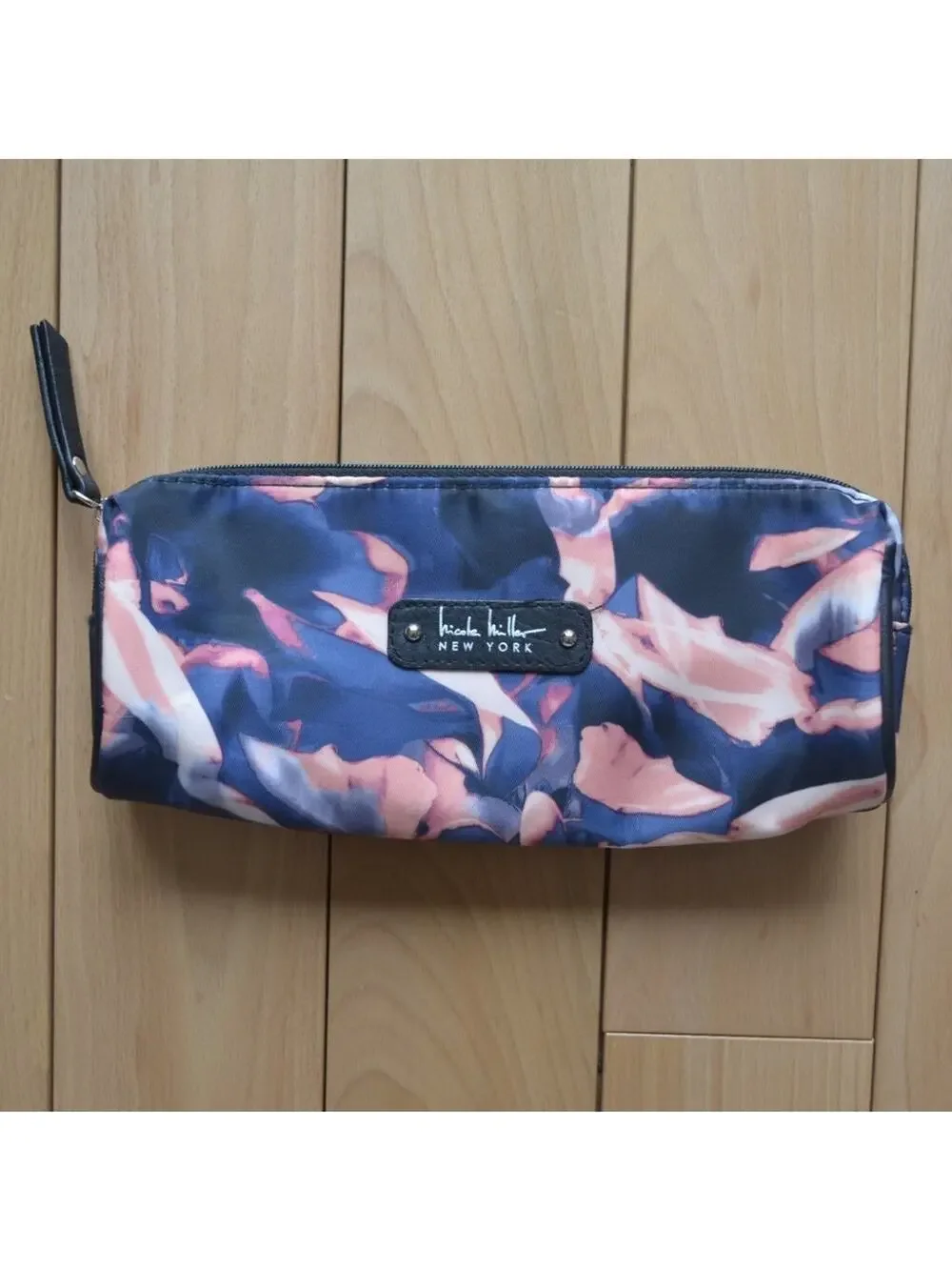 Nicole Miller Cosmetic Case Bag Long Blue, Pink and Black Pattern Makeup Bag